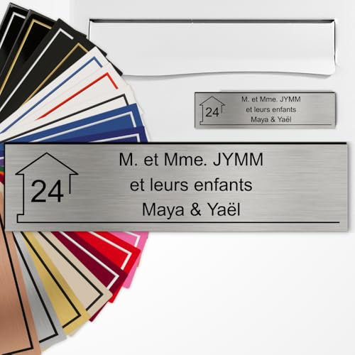 Plaque Boîte aux Lettres Personnalisée 10x2,5 cm adhésive en PVC – Gravure Laser – 22 Couleurs – Avec ou Sans Motif (Acier brossé texte noir)