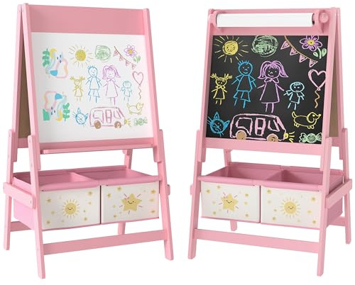 AIYAPLAY Tableau enfant 3 en 1, chevalet enfants à double face, tableau noir et blanc, avec rouleau de papier et 2 paniers de rangement, cadeau de jouet educatif créatif pour 3-8 ans, rose