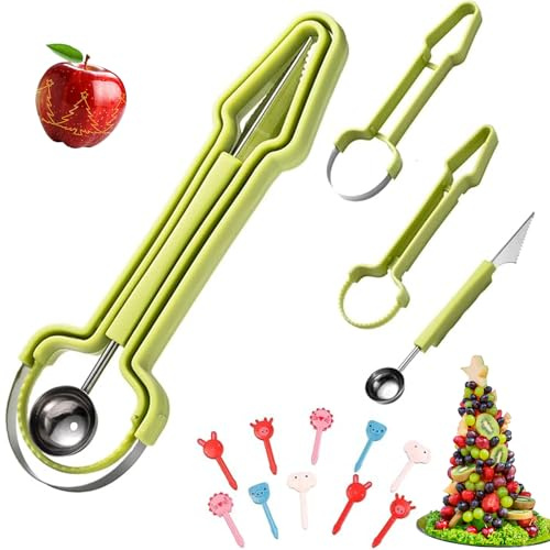 Obstschneider Set, 3-in-1 Avocado Schneider, Kugelausstecher, Ananasschneider Enthält 10 PCS-Cartoon-Zahnstocher, Küchengemüse und Obstwerkzeuge für Zum Schälen, Schneiden und Schnitzen