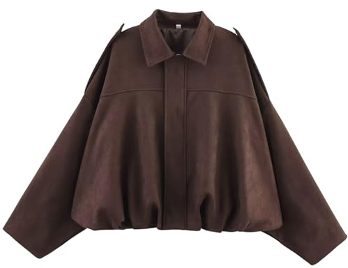 IjnUhb Women’s Oversized Faux Suede Bomber Jacket, Cropped Barn Style Lapel Coat, Casual Streetwear for Fall Spring