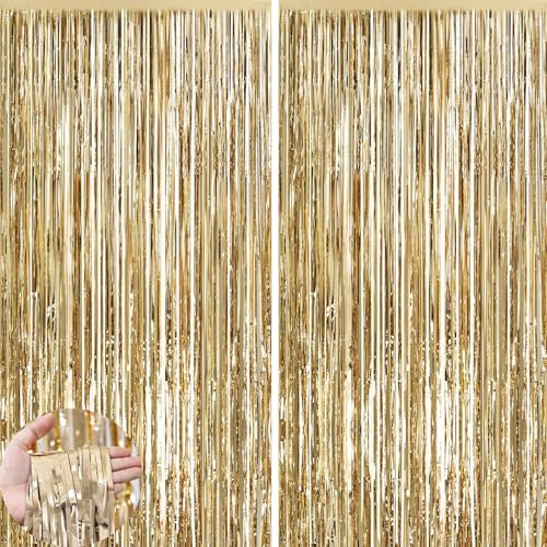 2pcs Tinsel Curtain, Champagne Gold - 3.2ft x 6.5ft | Pastel Foils Fringe Party Decoration Background Door Hanging Streamers for Birthday School Party, Christmas New Year Decor