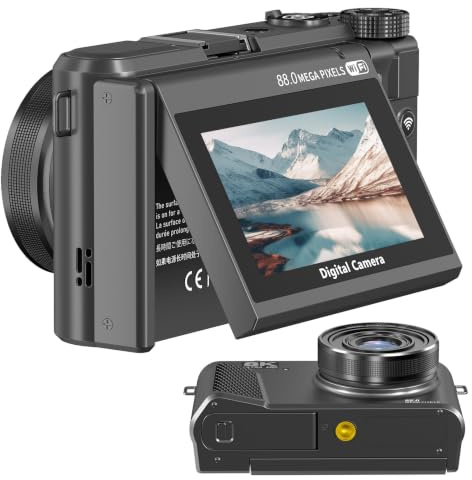 8K Digital Camera for Photography, 88MP WiFi Vlogging Camera for YouTube, 3 180°Flip Screen & 18X Digital Zoom Autofocus Vlog Cameras with Lens Cap, 32GB Card, 2 Batteries, Gunmetal