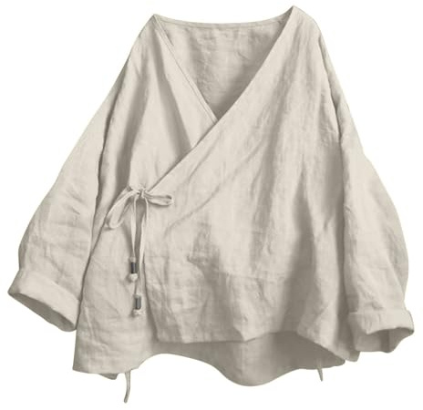 Cárdigan tipo kimono Hanten para mujer, manga larga, parte delantera cruzada, tela de lino de algodón, disfraz retro de Hanfu, camisa irregular para looks culturales, B, S