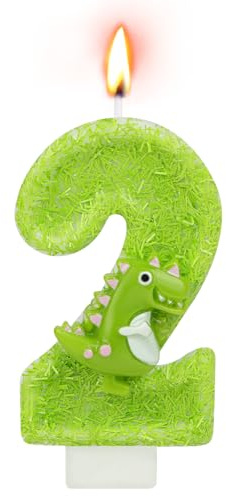 Alaoo Födelsedagsljus, 2 år, grönt nummer ljus dinosaurie tårta topper sifferljus, födelsedagsljus, temadekoration för flicka, pojke