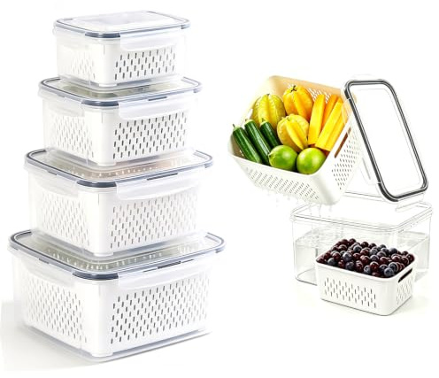 AXVRAV Kylskåpsförvaring, set om 4 delar med lock och avtagbar siktar (0,38 l 0,8 l 1,7 l 3,15 l + 3,15 l), matförvaringsburkar stapelbara kylskåpslådor för frukt, grönsaker, sallad och bär