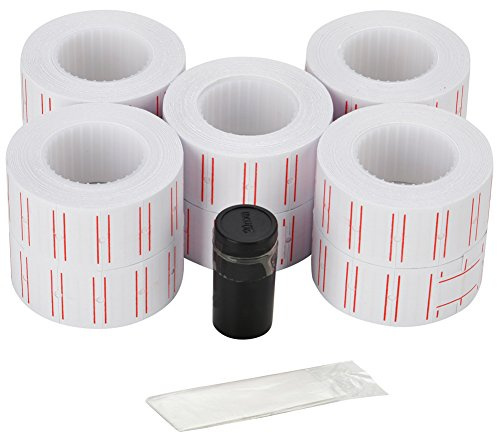 MFLABEL 10 Rolls 6000 White Price Gun Labels for Mx-5500 - with Double Red Line Visibility, Refill Ink Roll & Disposable Gloves for Easy Loading