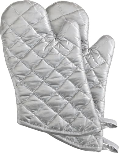 New Star Foodservice Oven Mitts with Extra Defense, up to 400F, Silver Interwoven Cloth/Silicone, 13-Inch, Set of 2