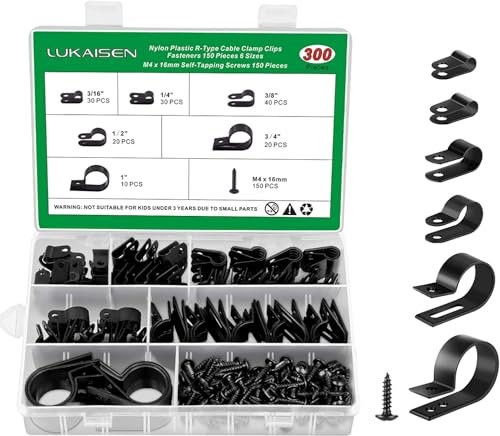 300 Stück R-Typ Kabelschellen, Nylon R Clips, Drahtklemmen, 4.7mm/6.3mm/9.5mm/12.7mm/19mm/25.4mm Kabelklemmen, Kunststoff Kabel Klemmen für Büro Zuhause Draht Kabelführung Kabelbefestigung Schwarz