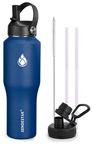 SENDESTAR Water Bottle 32oz,2 Lids(Straw lid),Wide Mouth Stainless Steel Vacuum Insulated Double Wall Keep Liquids Cold or Hot All Day,Sweat Proof Sport Design,Fit Car Cup Holder(Cobalt)