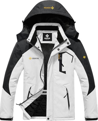 GEMYSE Veste de Ski pour Homme Impermeable Coupe-vent Manteau d'hiver Chaud avec Capuche Blouson Randonnée pour Montagne(Blanc Gris,XL)