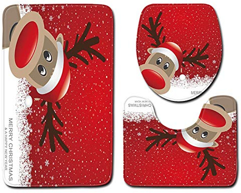 keephen Set da 3 pezzi Set di tappetini da bagno Natale Pupazzo di neve Tappeto da toilette Tappeto antiscivolo Tappeto da bagno Tappetino da bagno Tappeto da bagno per WC
