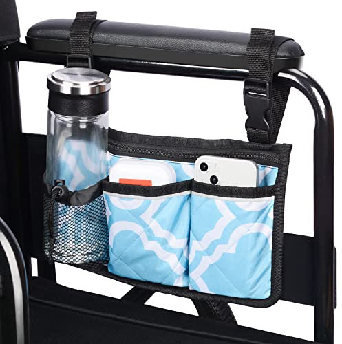 supregear Sac Latéral pour Accoudoir de Fauteuil Roulant, Sac de Rangement à 6 Poches avec Bandes Réfléchissantes et Porte-Bouteille, Scooter de Mobilité, Déambulateur, Accessoires de Transport, Bleu