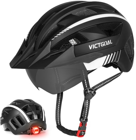 Victgoal Bike Helmet for Men Women with Led Light Detachable Magnetic Goggles Visor Mountain & Road Bicycle Helmets Adjustable Size Adult Cycling Helmets (Black White, XL: 23.2-24.8 inch (59-63 cm))