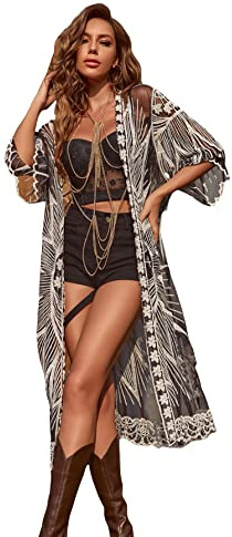 Floerns Women's Embroidery Sheer Mesh 3/4 Sleeve Swimwear Long Kimono Cardigan Black and White One Size