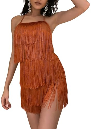 Ella Lust Sexy Backless Fringe Dress Jumpsuit - Western Country Concert Cowgirl Outfit for Women Nashville Tassel Romper(Brown,XS,1074a)