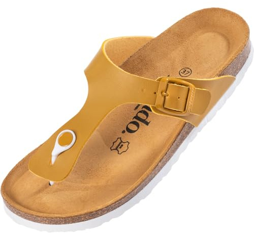 Palado Zehentrenner Damen Kos Matt – gefertigt in Spanien – weiche Veloursleder-Decksohle – mattes Obermaterial für dezente Eleganz Senf UK5,5 - EU38