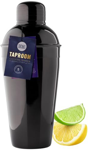 Hammered Stainless Steel Cocktail Shaker Tool - 500ml (17fl oz). Built-in Ice Strainer, Silicone Seal & Spirit Measure Cap. Classy Modern Design, Black in Colour, Great for Beginners & Professionals