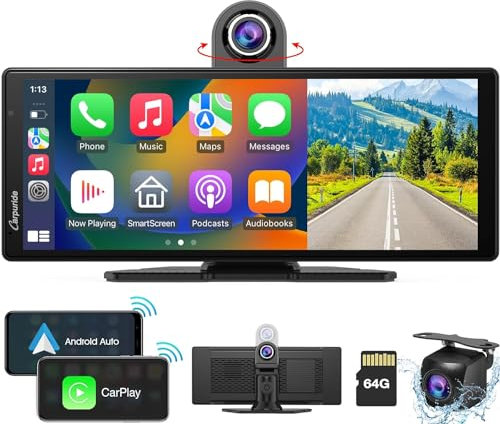 Carpuride W903 Wireless Carplay & Android Auto Car Stereo with 4K Dash Cam, Rear View Camera, Portable 9.3 IPS Touch Screen, Car Radio Receiver with Mirror, Bluetooth, Driving
