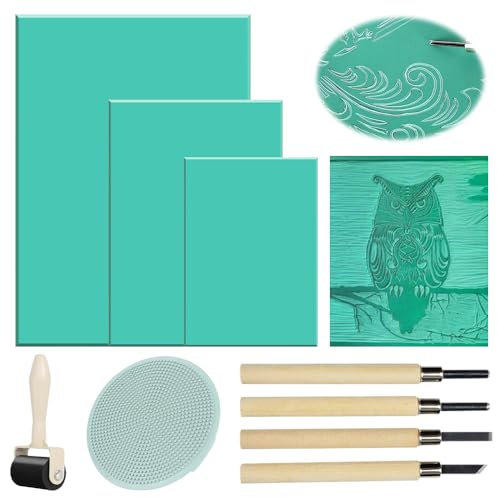 Linoleum Platten Linoldruck Set, 9Stk A4/A5/A6 Flache Oberfläche Linolschnitt Set, Weichgummi Linoldruck Platte zum Gravieren, linoleum schnitzset stempel für DIY Druckgrafiken,Gummi Stempel Bastel