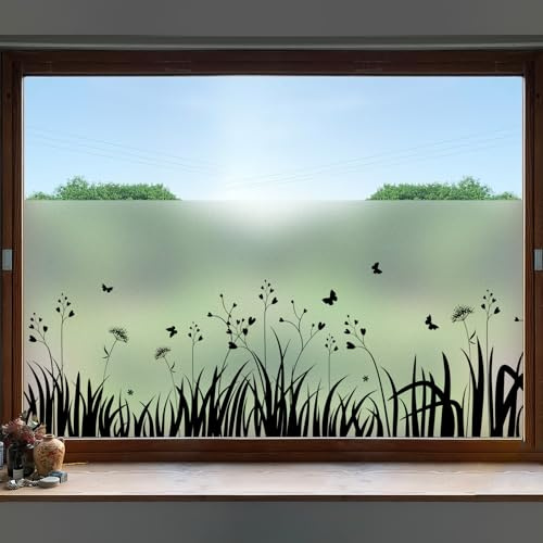 dktie Window Film Privacy Vinyl Frosted Window Film No-Glue Black Window Film Removable Grass, Dandelion, Butterfly Static Cling Films for Kitchen, Bathroom, Kids Room 44.5X200CM