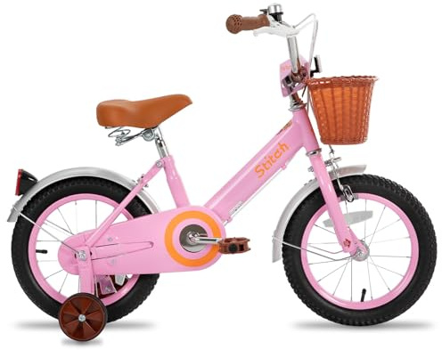 STITCH Vintage 12 inch kids bike for 2-4 years girls, 12 inch girls bike with stabliser and basket, pink