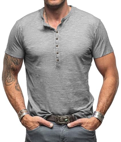 Henley Shirt Uomo Manica Corta T-Shirt Uomo Scollo A V Vintage Slim Fit Manica Corta Bottoni T-Shirt M-3XL, grigio chiaro, M