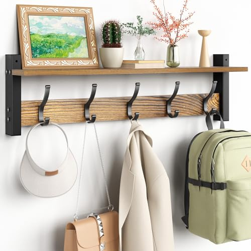 Optish Coat Rack Wall Mount with Shelf, 24 Inch Coat Hanger Walls Mounted, Hat Rack for Walls, Shelf with 5 Coat Hooks, Wall Hanger for Entryway (Brown)