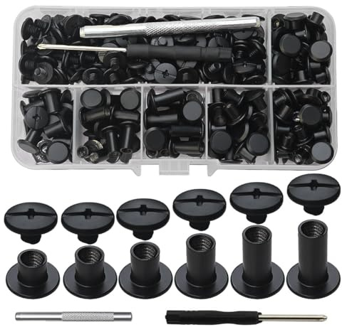 FONHREW 130 Set Rivetti a Vite, Rivetti Chicago,M5*4/5/6/8/10/12mm Viti Chicago Screws Chicago Book Viti Chicago di ricambio in Metallo per Borse, Libri, Collari, Zaini, Guinzagli (Nero opaco)