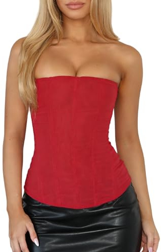 NUFIWI Women Mesh Strapless Bustier Boned Overbust Red Corset Top Back Zipper Fishbone Bodice Going Out Party Tops(Red,S)