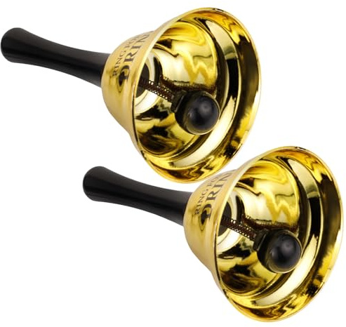 Healvian Lot de 2 Sonnettes Métalliques de Service Drink Cloches à Main en Métal Doré 13X75 CM Sonnette de Bureau Restaurant pour Bar Soirée Célibataire et Décoration de Table