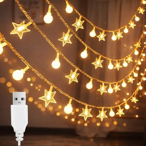 ALEGRE Ljusslinga, stjärnor, kulor med USB, 3 m, 20 LED-kula, glob, stjärna, ljuskedjor, inomhus, varmvit USB, stjärnljuskedja för bröllop, nyårsafton, juldekoration, balkongdekoration