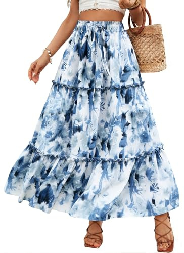 Vossmi Gonna Lunga Casual da Donna Gonne Donna Elegante Vita Alta Boho Floreale Skirt da Spiaggia A-Line Gonne Elastiche con Tasche Estiva