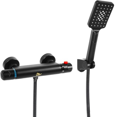 Uten Grifería Termostática de Ducha, Juego Completo con Cabezal 3 Modos, Moneezclador de Latón Cromado, Control de Temperatura Seguro, Montaje en Pared para Baño Familiar, Negro