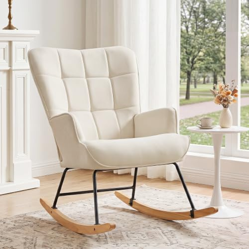 Ckaff Fauteuil à Bascule, Rocking Chair, Chaise à Bascule Scandinave en Velours, Fauteuil Allaitement en Bois Massif pour Salon Chambre d' Enfant Salon Balcon, Blanc Ivoire
