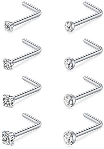 MODRSA Nose Studs for Women Men Silver Nose Ring Studs 18 gauge L Shaped Nose Screw Stainless Steel Diamond Nostril Piercing Stud