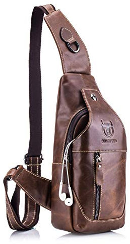 BULLCAPTAIN Sling bag Tasche Leder Herren, Rindleder Schultertasche, Umhängetasche, Brusttasche, Rucksack für Wandern, Radfahren, Reisen, Freizeit oder Multipurpose Braun