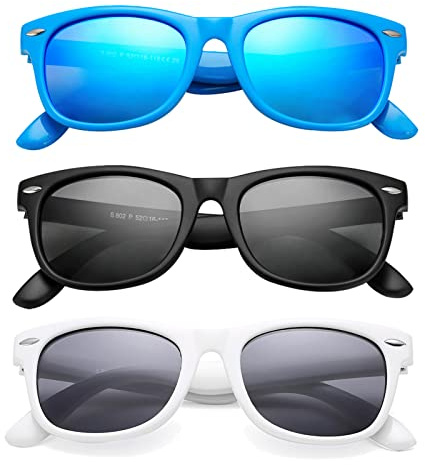 COASION Kids Polarized Sunglasses Set TPEE Rubber Flexible Shades for Girls Boys Age 3-9 Sunglasses 3 Pack (Blue/Blue Mirror + Matte Black/Grey + White/Grey)