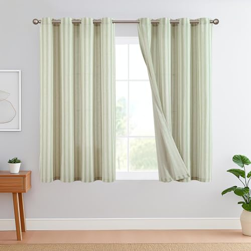 TOPICK Linne randiga gardiner gröna ränder gardiner med öljetter tickande ränder mönster linneutseende gardiner ljusfiltrering för vardagsrum nålränder gardin ogenomskinlig 2 stycken H 145 x 130 cm
