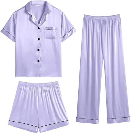 SWOMOG Womens Satin Pyjama Sets Ladies Silk Nightwear 3 Piece Short Sleeve Pj Button Down Sleepwear Set XXL Lavender