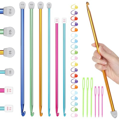 Katech Set di 8 uncinetti tunisini da 35 cm, grandi uncinetti da 6,5 mm-11 mm, in alluminio, ferri extra lunghi per principianti, per imparare a lavorare all'uncinetto, scialli, coperte e scialli