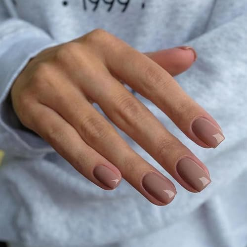 24 Pezzi Unghie Finte Corte Quadrate Lucide Tinta Unita French Press on Nails Naturali Copertura Completa Punte per Unghie Artificiali Adesive Unghie per Donna Ragazze (Grigio Rosa)