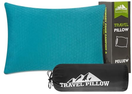 PEUJEW Reisekissen Memory Foam Kissen, Camping Kissen Kleines Kissen 40x30x12 cm, Reisekopfkissen mit Wasserdichter Packsack, Ideal für Flugzeug, Auto und Camping (S, Türkisblau)