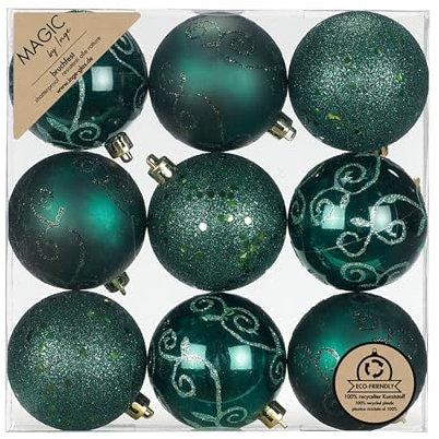 Inge-glas Weihnachtskugeln Kunststoff 6cm 9er Set - bruchsicher & mit Glitzer Muster - Christbaumkugeln für Weihnachtsbaum - Weihnachtsbaumkugeln & Christbaumschmuck Dunkelgrün - Noble Green