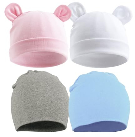 HEOXIN Sombrero para Bebé 4 Piezas, Gorro de Suave para Recién Nacido, Invierno Gorro de Bebé con Orejas de Oso, Sombrero para 0-12 Meses Bebés Niños Niñas, Talla Única