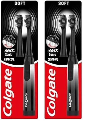 Colgate Battery 360 Sonic Charcoal Soft Toothbrush with Charcoal Infused bristles Cleans in 4 Ways for a Healthy, Whole Mouth Clean with a Replaceable Head and a Battery (Pack of 2)
