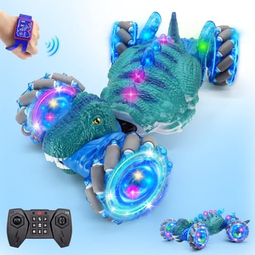DELEE Remote Control Cars Large Dinosaur Stunt Twist Car 4WD Gesture Sensing RC Stunt Car with LED Lights Music 360° Rotation Summer Outdoor Toy Gift for Boys Girls Age 6-12