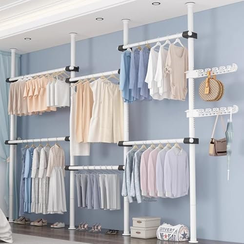 Teleskop garderobensystem, Teleskopstange Kleiderständer Mit 6 Kleiderstangen, Teleskop Kleiderschrank Mit 2 Haken, 110 Bis 300 cm Verstellbares Regalsystem, für den Heims- und Bekleidungsgeschäft