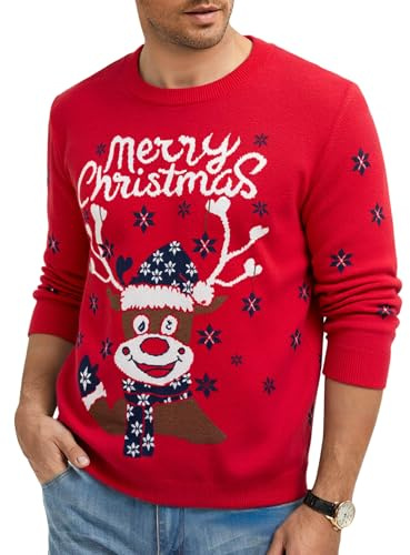 Wayleb Maglione Natalizio Uomo Merry Christmas con Motivo Renna Pullover a Maglia Fine Girocollo Maniche Lunghe Maglione Invernale per Natale Festa e Quotidiano, Rosso M