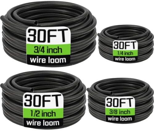 Wire Loom 1/4, 3/8, 1/2, 3/4 Inch x 30 FT, Split Wire Loom Tubing Wire Conduit, Cable Sleeves Bulk Flexible Electrical Conduit Protective kit, Black