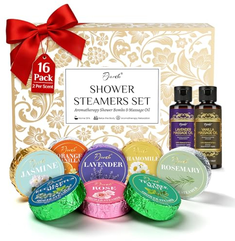 Pjordo Shower Steamers Aromatherapy, Birthday Gifts for Women Wife Her, 16 Pack, 8 Scents Shower Bombs with Natural Essential Oil & 2 Pack Massage Oil for Moisturizing, Self Care Relaxation Home Spa